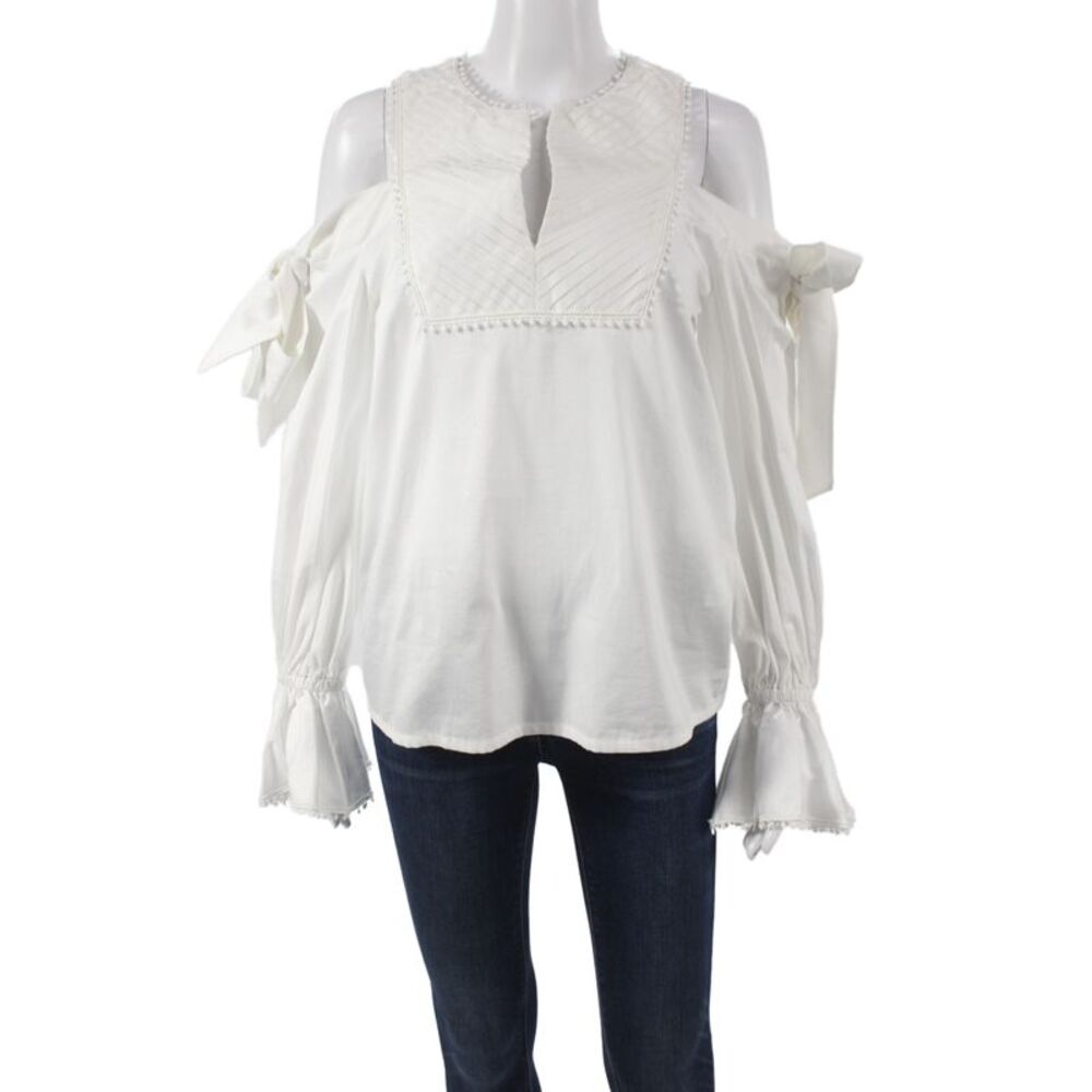 Gizia Womens Tunic Blouse White VNeck Long Sleeve Cotton Boho Size 36